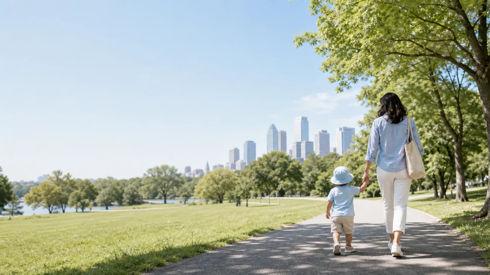 Parent and child walking through a bright summer city park