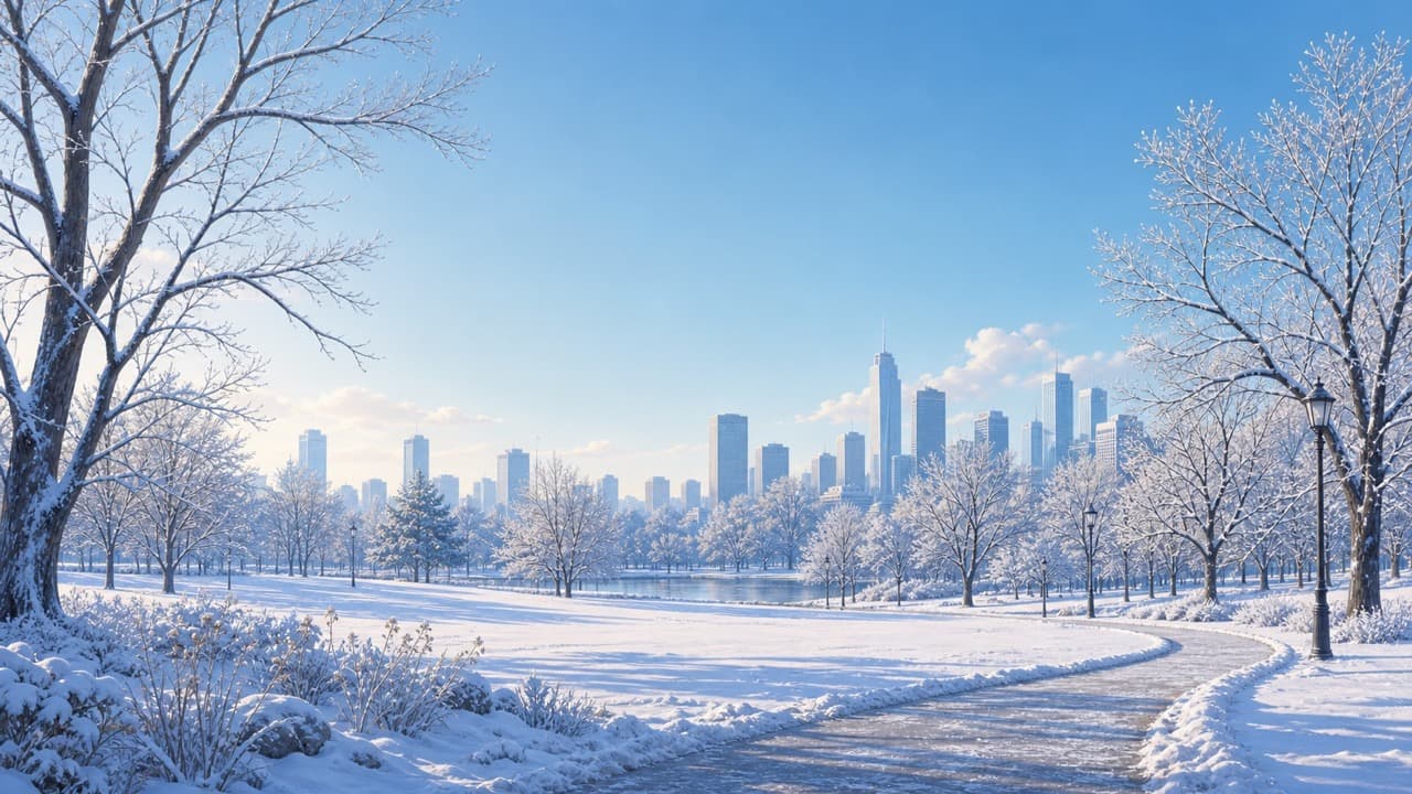 Snow-covered park under a bright winter sky