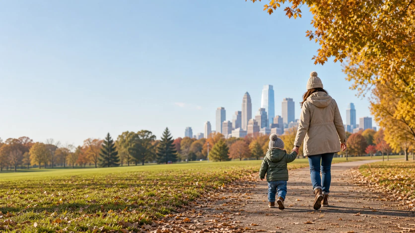 Parent and child walking through an early autumn city park